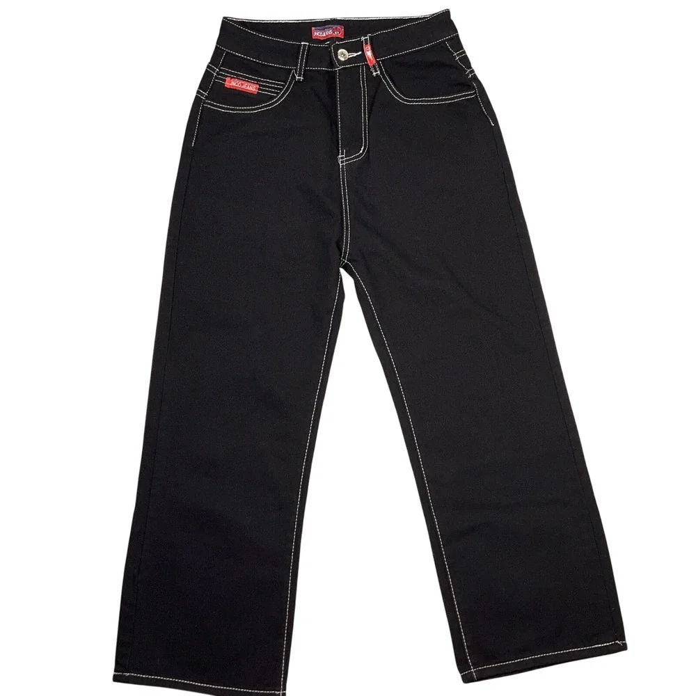 Wide Leg‎ Flaming Skull Pocket  Mens Small Black Contrast Stitch Denim Hip Hop